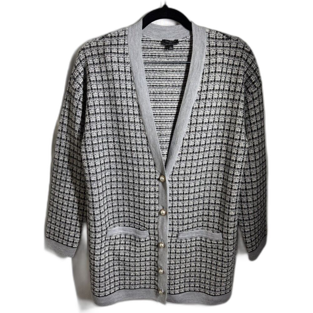 Talbots Petite MP 100% Merino Wool Tweed Cardigan Pearl Buttons Gray Black